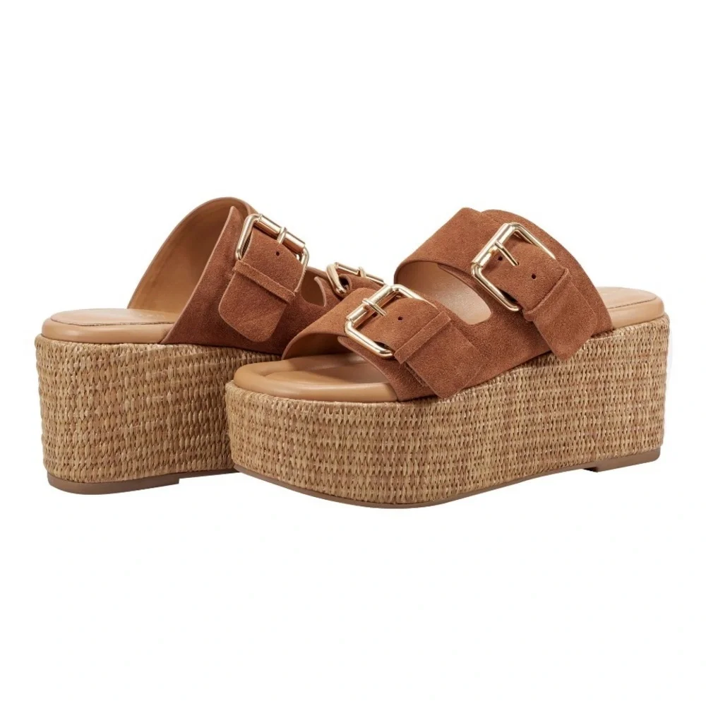 Marc Fisher Suede Double Buckle Platform Sandals in Tan